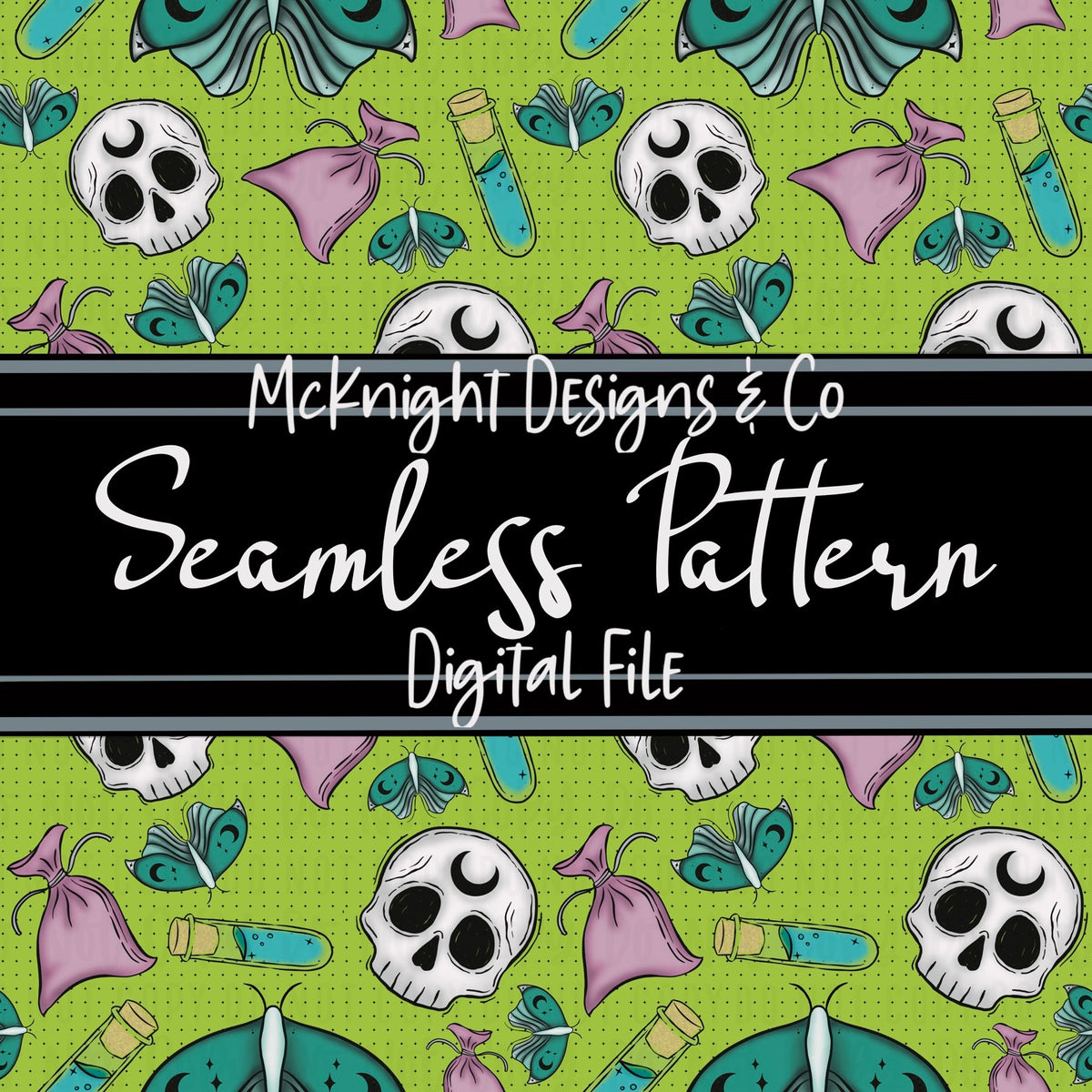 Weird Hex Seamless Pattern – Hand-Drawn Skulls, Moths, Potions & Sachets for Fabric, Vinyl & Sublimation McKnight Designs & Co Seamless Pattern File