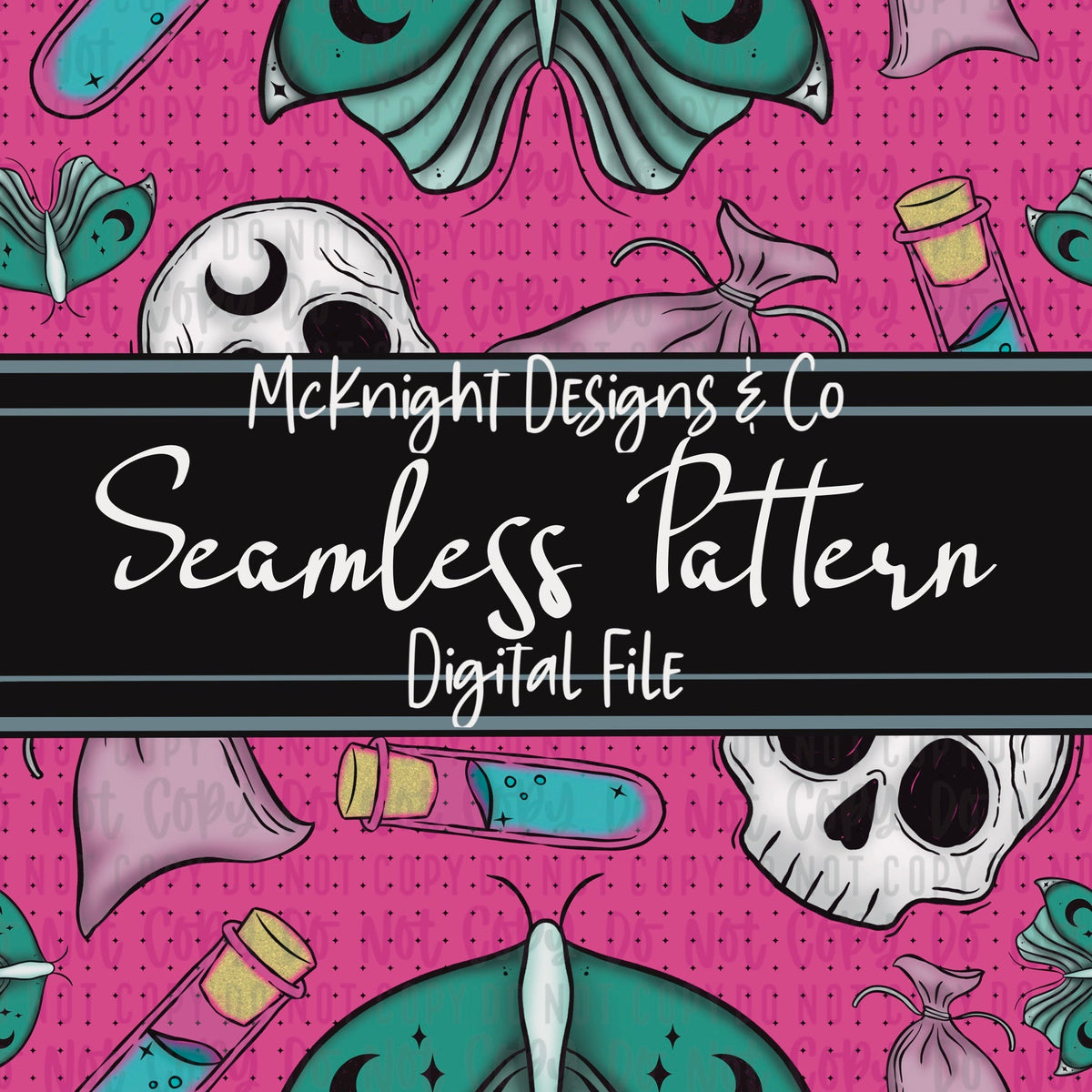 Weird Hex Seamless Pattern – Hand-Drawn Skulls, Moths, Potions & Sachets for Fabric, Vinyl & Sublimation McKnight Designs & Co Seamless Pattern File