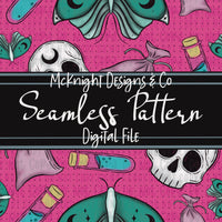 Weird Hex Seamless Pattern – Hand-Drawn Skulls, Moths, Potions & Sachets for Fabric, Vinyl & Sublimation McKnight Designs & Co Seamless Pattern File