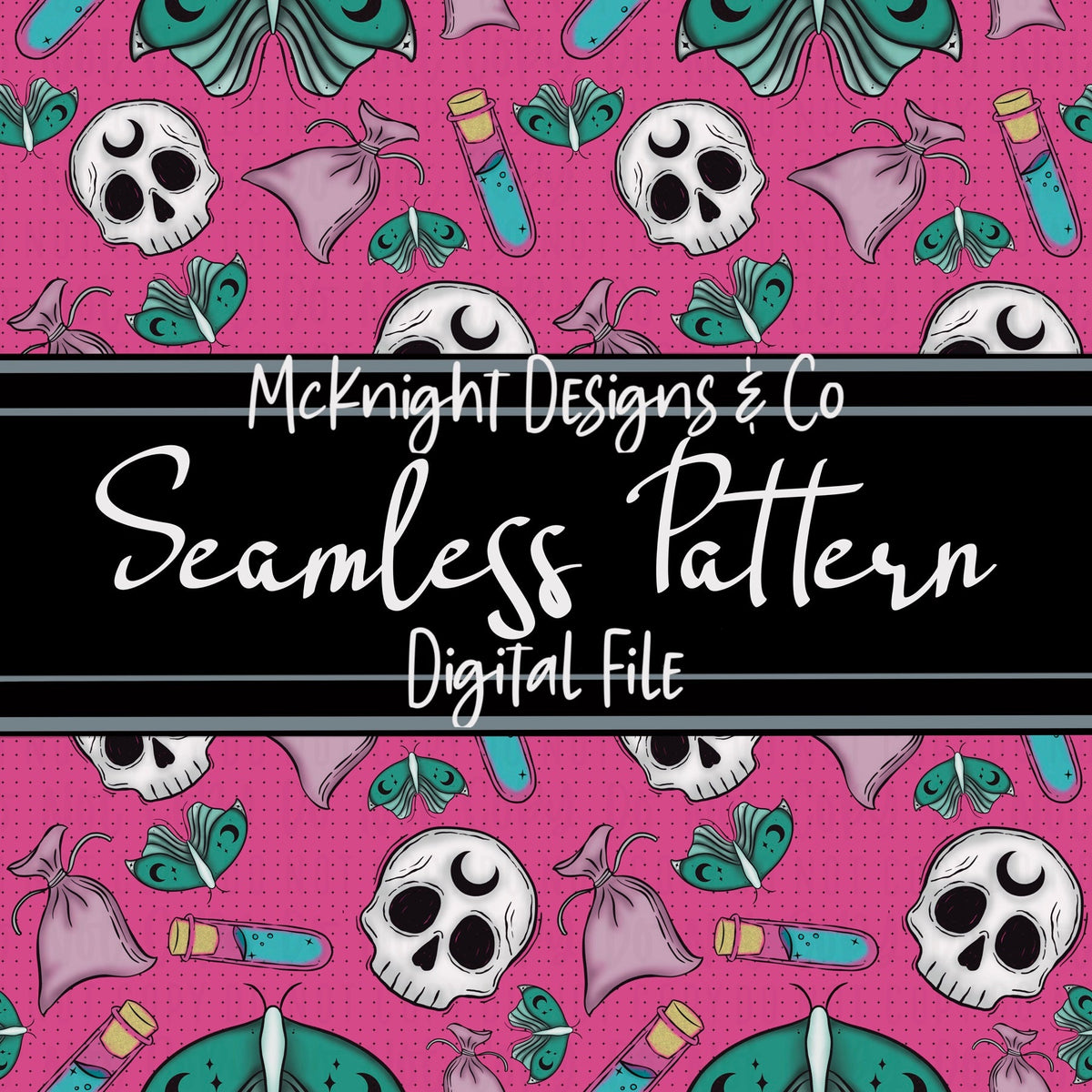 Weird Hex Seamless Pattern – Hand-Drawn Skulls, Moths, Potions & Sachets for Fabric, Vinyl & Sublimation McKnight Designs & Co Seamless Pattern File