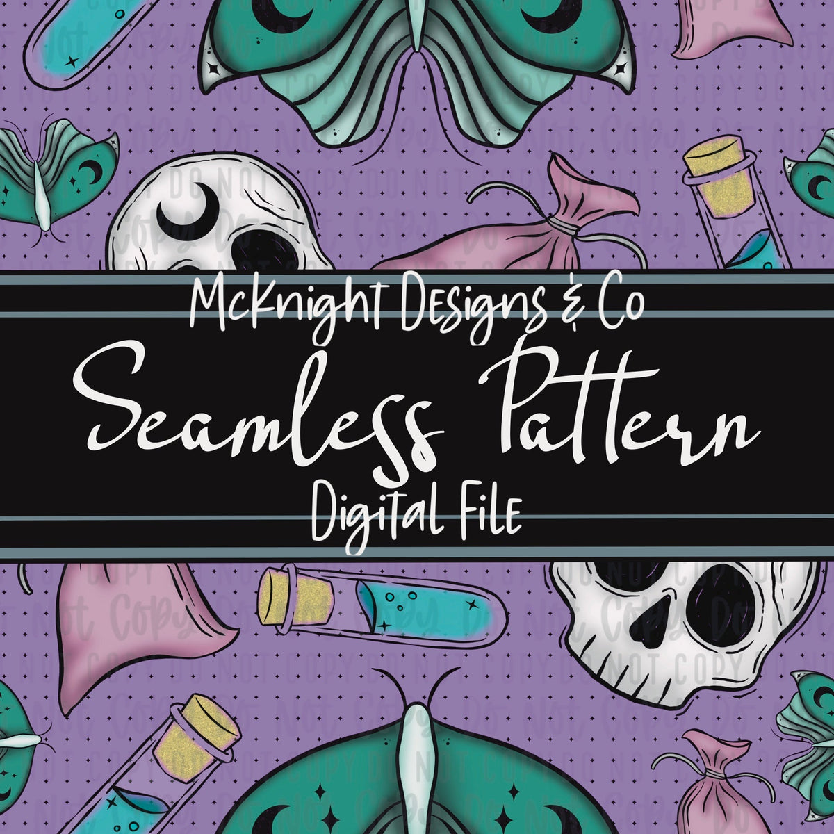 Weird Hex Seamless Pattern – Hand-Drawn Skulls, Moths, Potions & Sachets for Fabric, Vinyl & Sublimation McKnight Designs & Co Seamless Pattern File