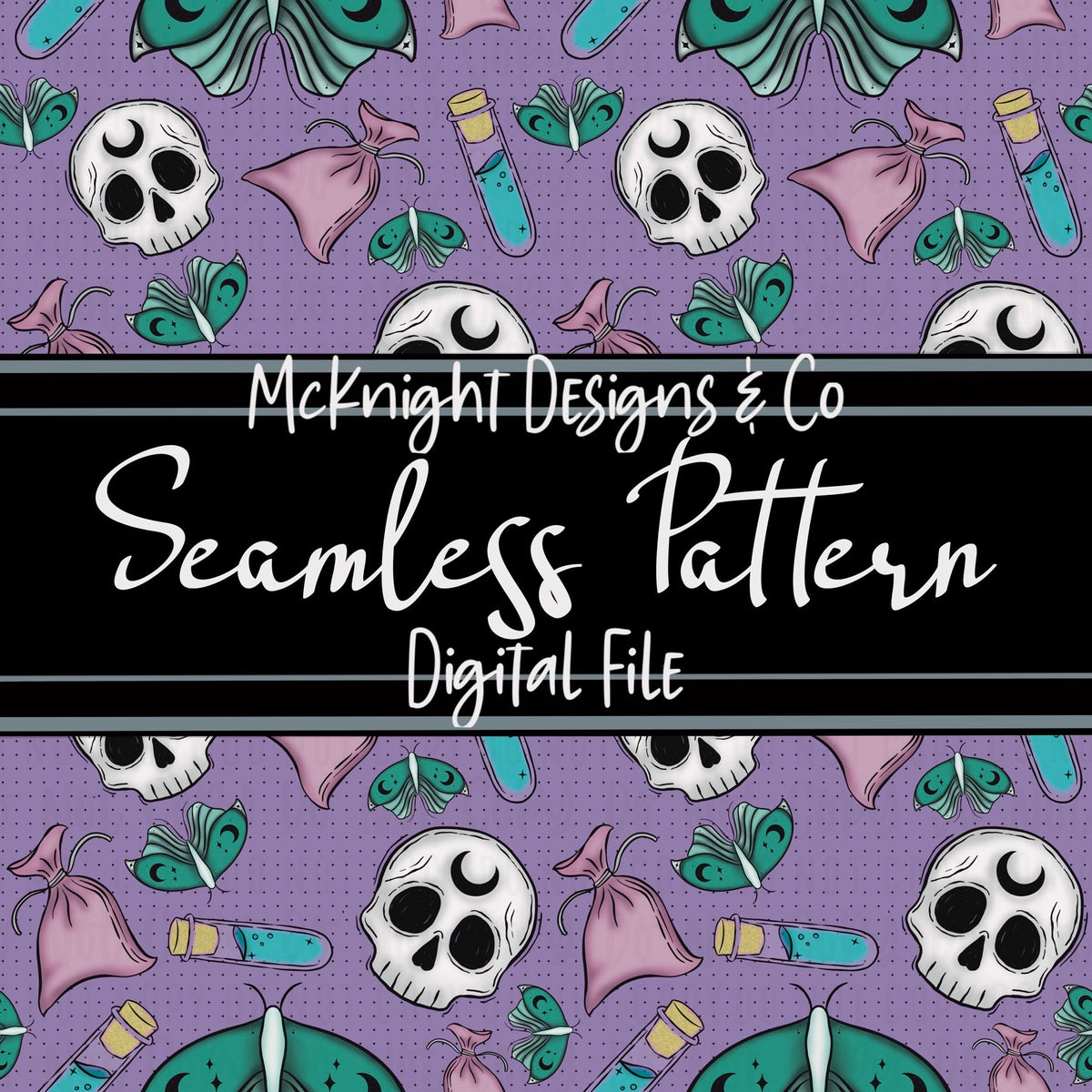 Weird Hex Seamless Pattern – Hand-Drawn Skulls, Moths, Potions & Sachets for Fabric, Vinyl & Sublimation McKnight Designs & Co Seamless Pattern File