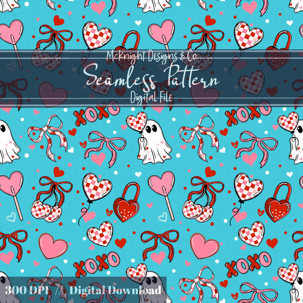 Cute Spooky Valentine Seamless Pattern | Ghost XOXO Hearts Bows McKnight Designs & Co Seamless Pattern File