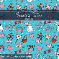 Cute Spooky Valentine Seamless Pattern | Ghost XOXO Hearts Bows McKnight Designs & Co Seamless Pattern File