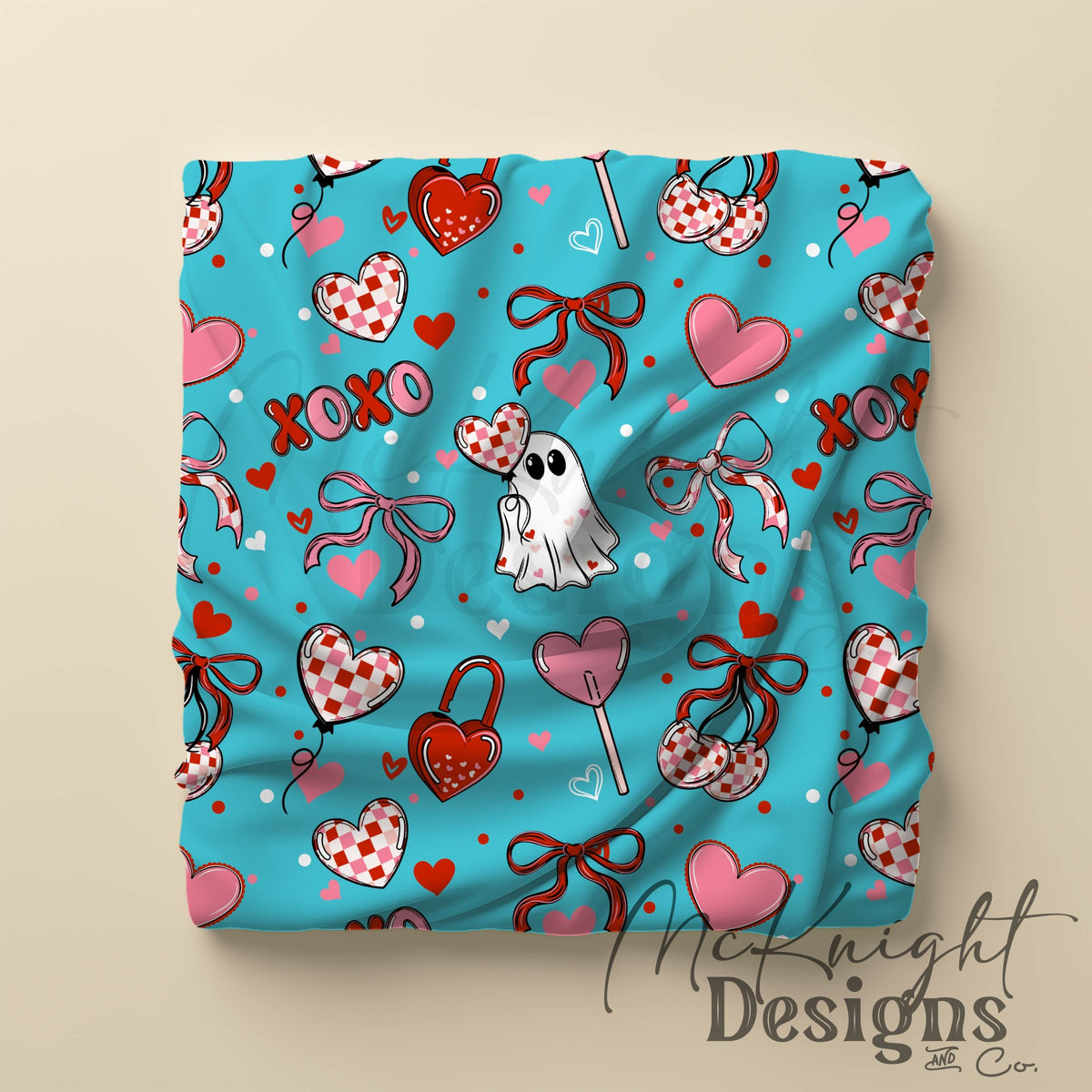 Cute Spooky Valentine Seamless Pattern | Ghost XOXO Hearts Bows McKnight Designs & Co Seamless Pattern File