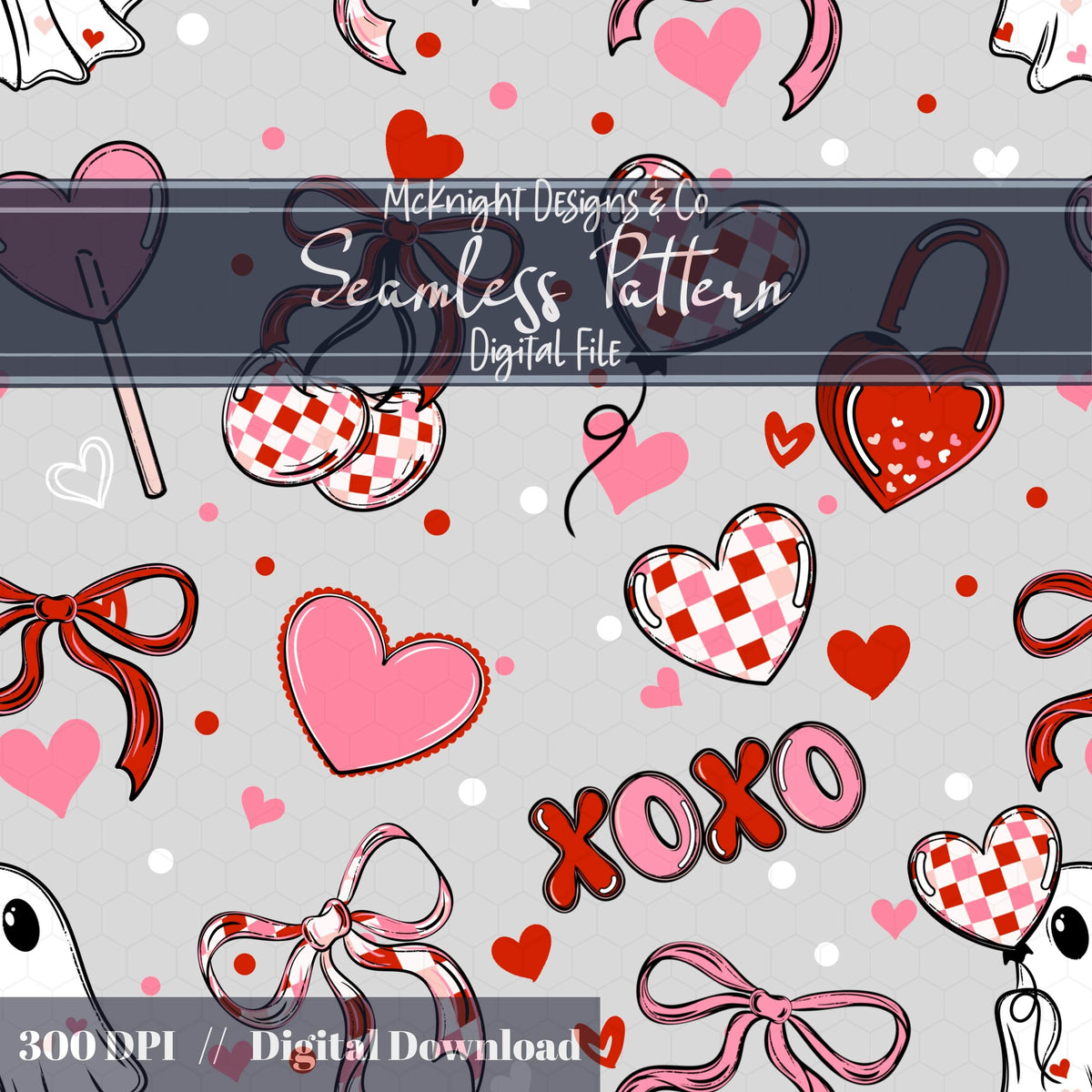 Cute Spooky Valentine Seamless Pattern | Ghost XOXO Hearts Bows McKnight Designs & Co Seamless Pattern File