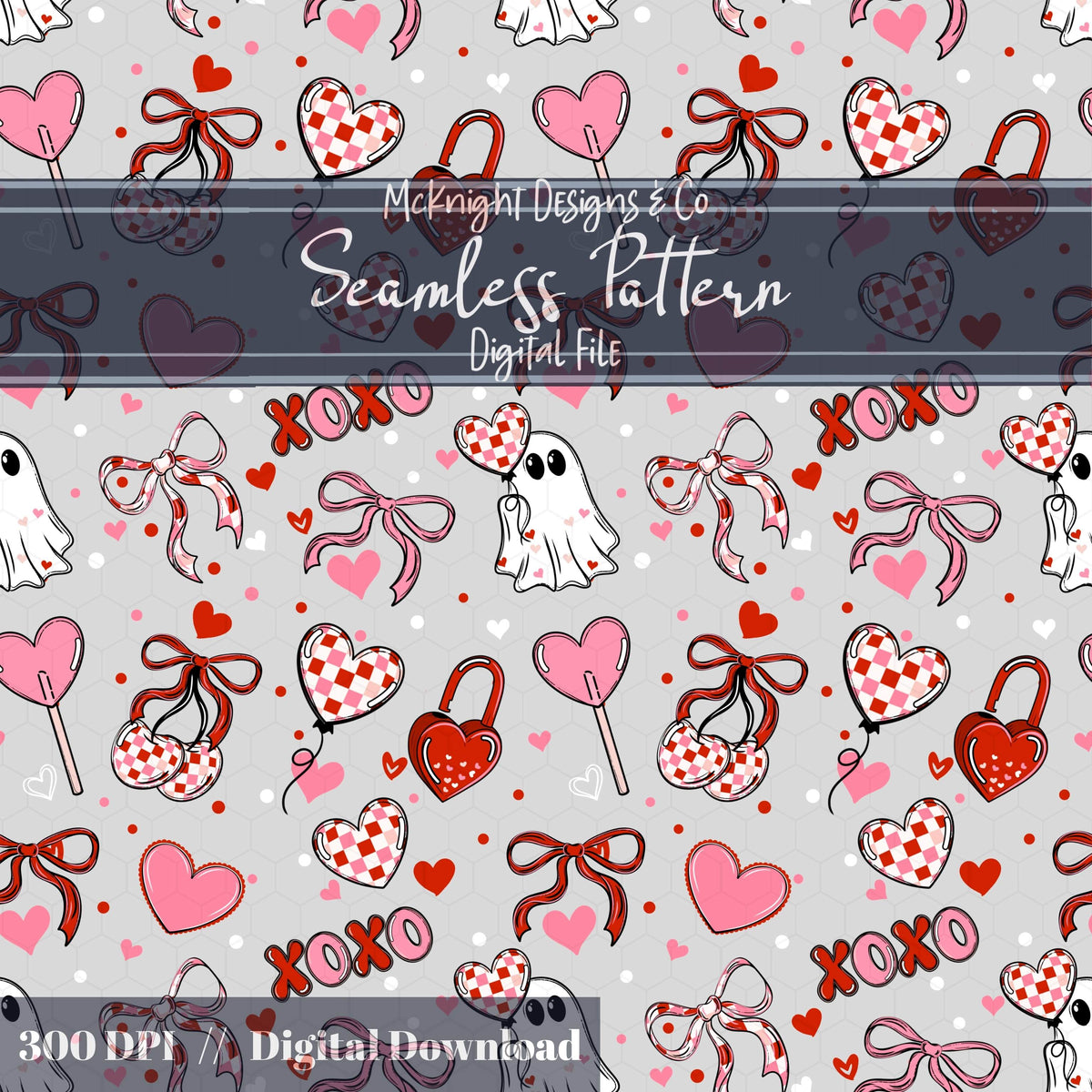 Cute Spooky Valentine Seamless Pattern | Ghost XOXO Hearts Bows McKnight Designs & Co Seamless Pattern File