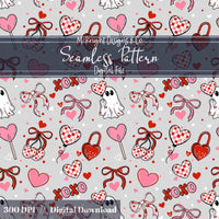 Cute Spooky Valentine Seamless Pattern | Ghost XOXO Hearts Bows McKnight Designs & Co Seamless Pattern File