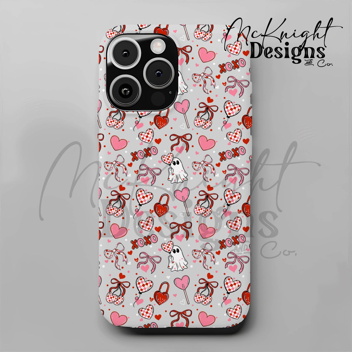 Cute Spooky Valentine Seamless Pattern | Ghost XOXO Hearts Bows McKnight Designs & Co Seamless Pattern File
