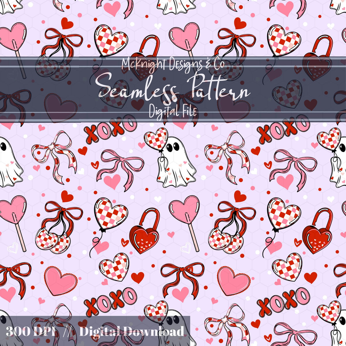 Cute Spooky Valentine Seamless Pattern | Ghost XOXO Hearts Bows McKnight Designs & Co Seamless Pattern File