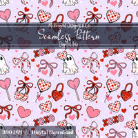 Cute Spooky Valentine Seamless Pattern | Ghost XOXO Hearts Bows McKnight Designs & Co Seamless Pattern File