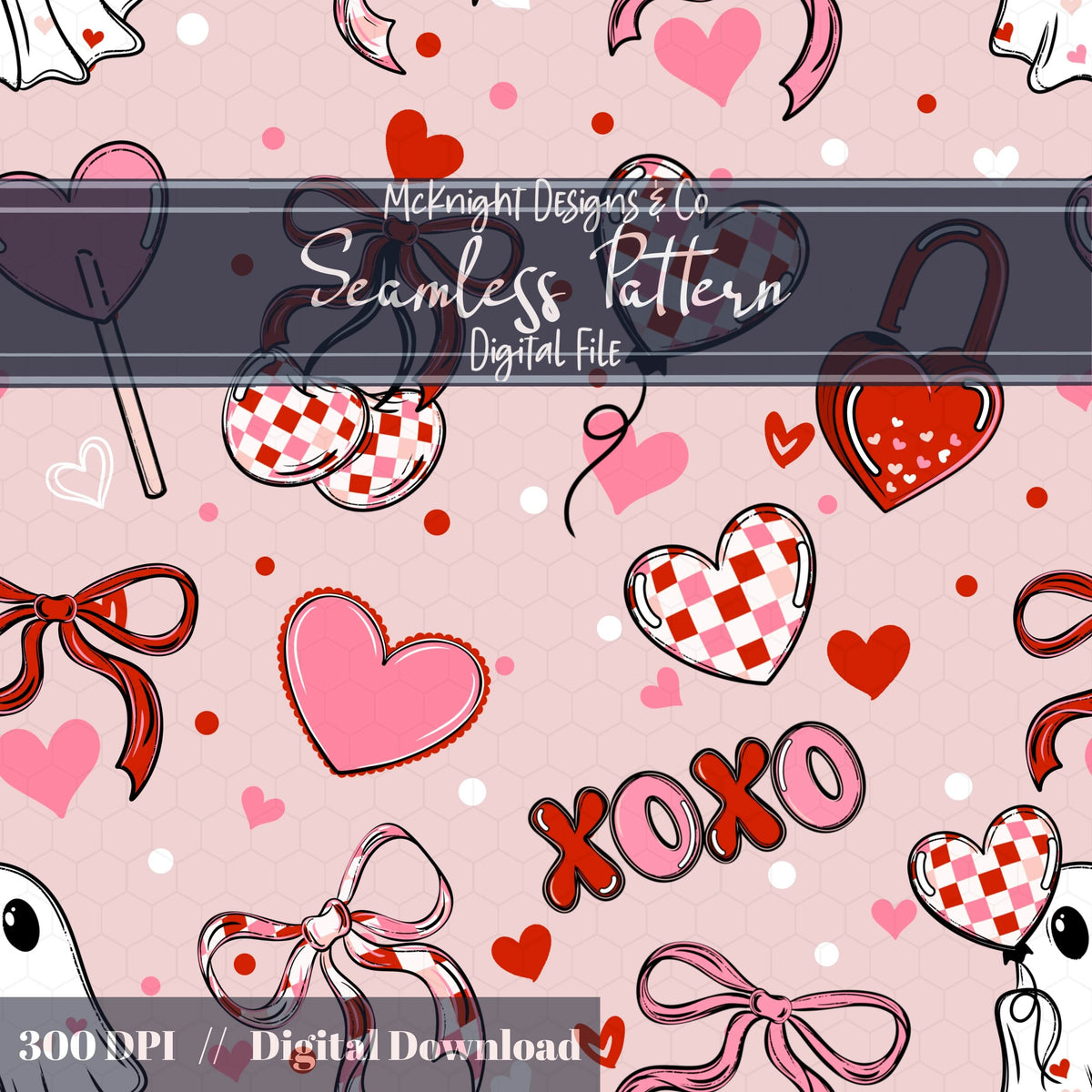 Cute Spooky Valentine Seamless Pattern | Ghost XOXO Hearts Bows McKnight Designs & Co Seamless Pattern File