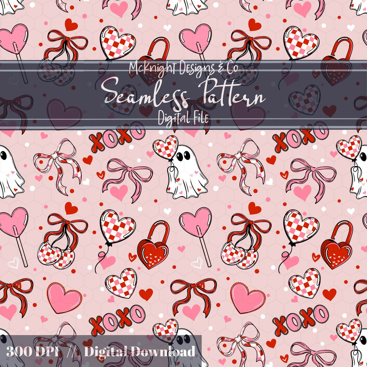 Cute Spooky Valentine Seamless Pattern | Ghost XOXO Hearts Bows McKnight Designs & Co Seamless Pattern File