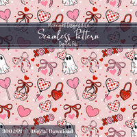 Cute Spooky Valentine Seamless Pattern | Ghost XOXO Hearts Bows McKnight Designs & Co Seamless Pattern File