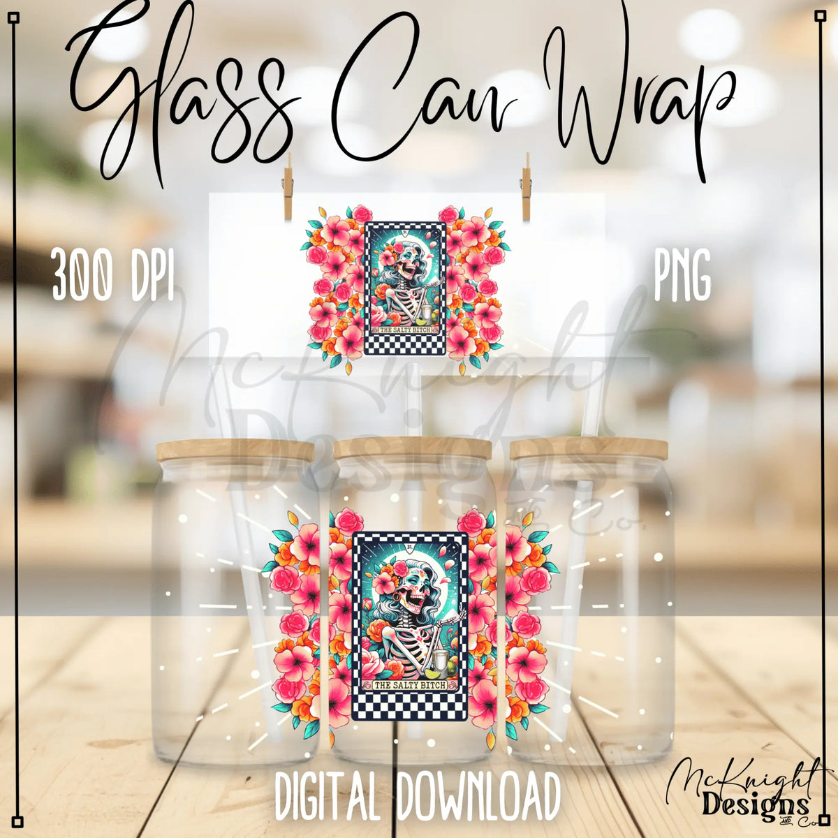 Adult NSFW Skellie Tarot "The Salty Bitch" digital PNG wrap for 16 oz glass cans, sublimation & UVDTF printing