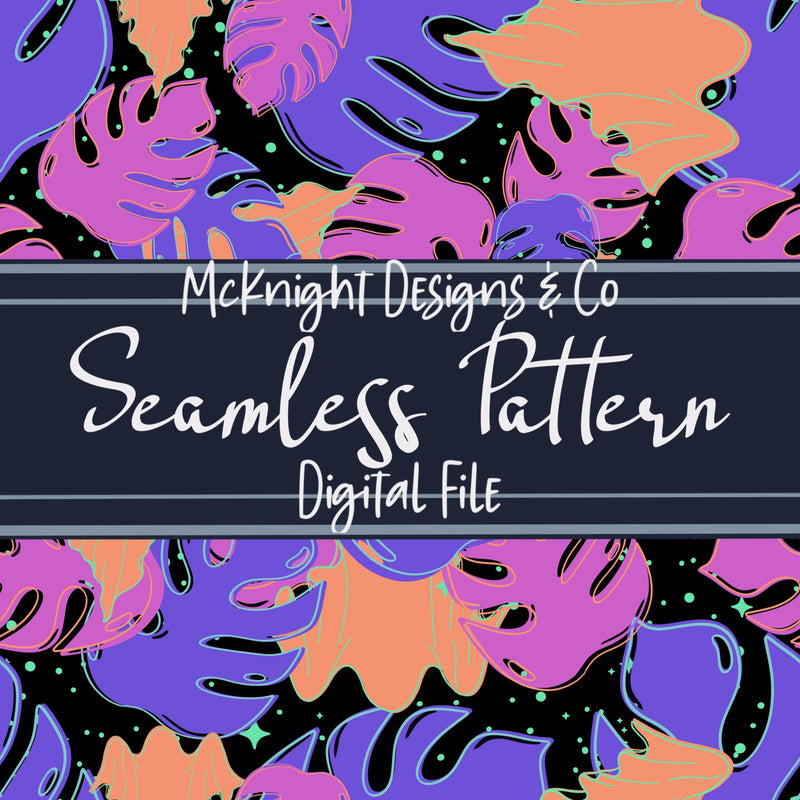 Neon Ghosts & Monstera Seamless Pattern – Spooky Plant Vibes on Bright Blue Background McKnight Designs & Co Seamless Pattern File