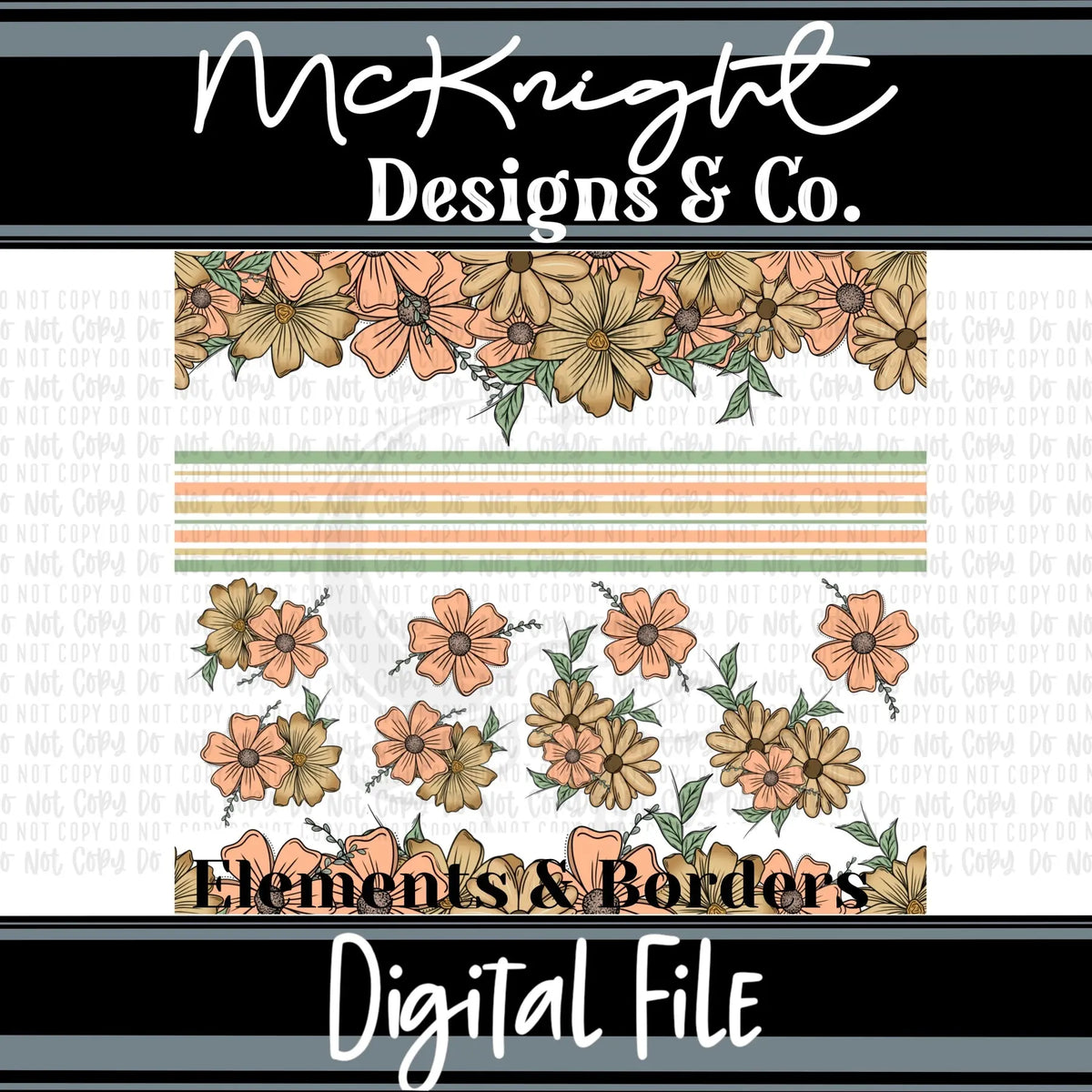 Peach, Yellow & Mint Floral Borders & Stripes Element Sheet PNG with hand-drawn flowers & accents for printed vinyl, UVDTF & sublimation on tumblers & crafts