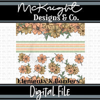 Peach, Yellow & Mint Floral Borders & Stripes Element Sheet PNG with hand-drawn flowers & accents for printed vinyl, UVDTF & sublimation on tumblers & crafts