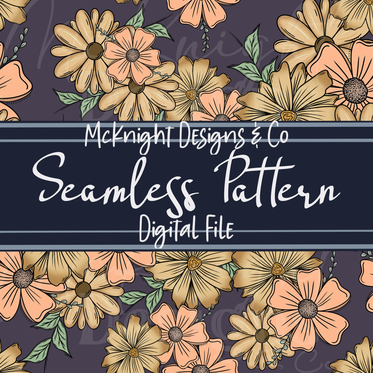 Seamless floral collage pattern – Peach, cream & green hand-drawn florals on muted plum background for sublimation & fabric printing