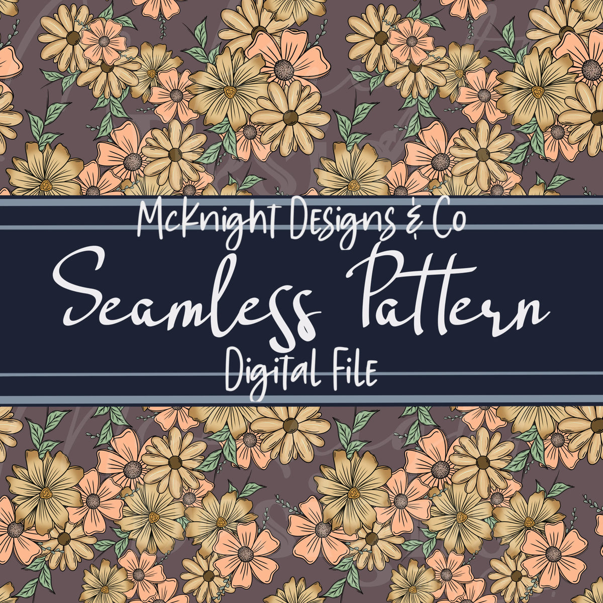 Peachy Floral Collage Seamless Pattern – Hand-Drawn Overlapping Flowers on Muted Plum Background McKnight Designs & Co Seamless Pattern File