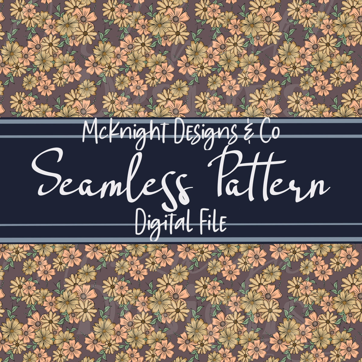 Peachy Floral Collage Seamless Pattern – Hand-Drawn Overlapping Flowers on Muted Plum Background McKnight Designs & Co Seamless Pattern File