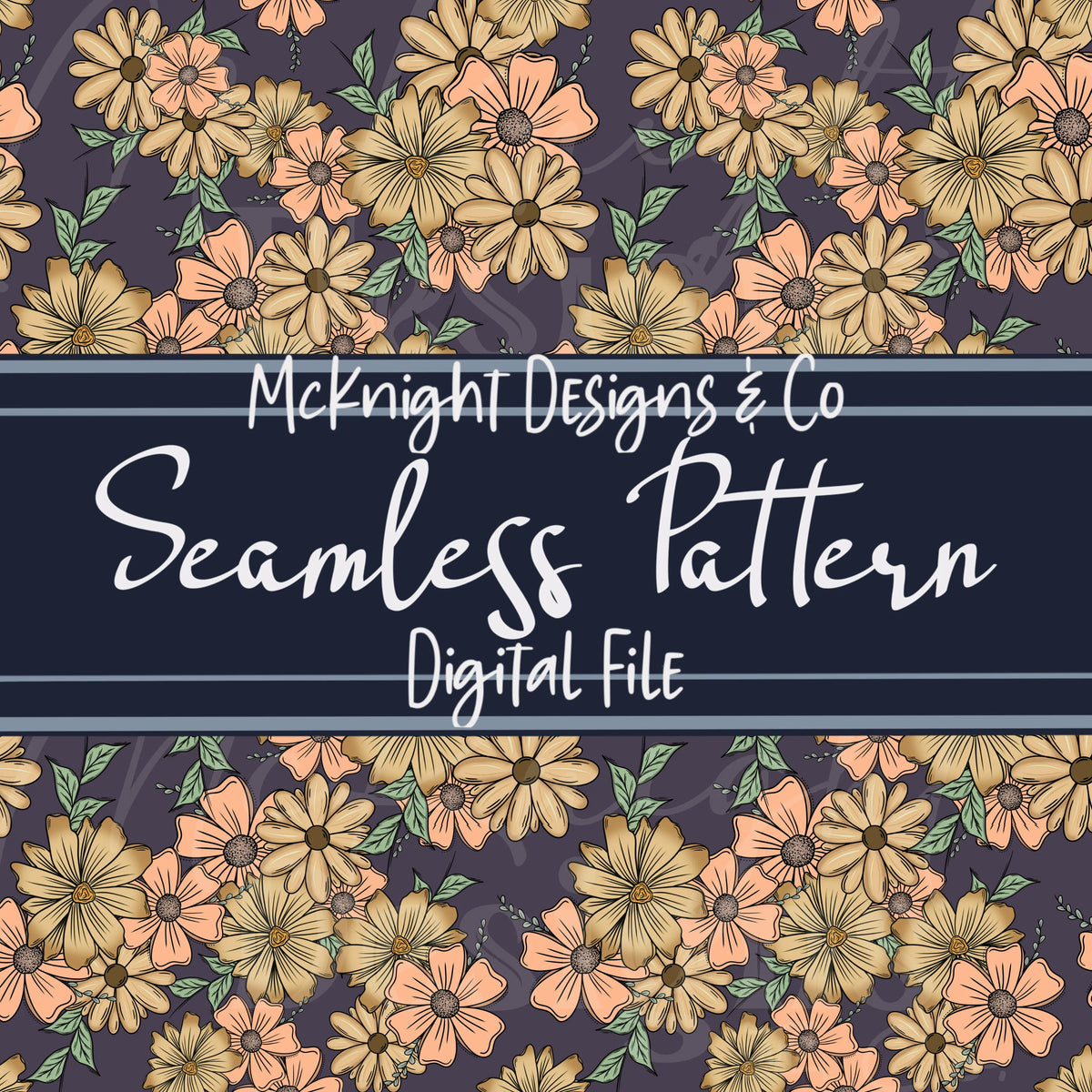 Seamless floral collage pattern – Peach, cream & green hand-drawn florals on muted plum background for sublimation & fabric printing