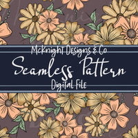 Seamless floral collage pattern – Peach, cream & green hand-drawn florals on muted plum background for sublimation & fabric printing