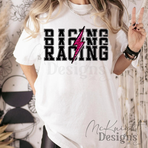 Racing PNG with leopard lightning bolt in 3 colors – pink, yellow & blue digital design for sublimation, DTF, and UVDTF