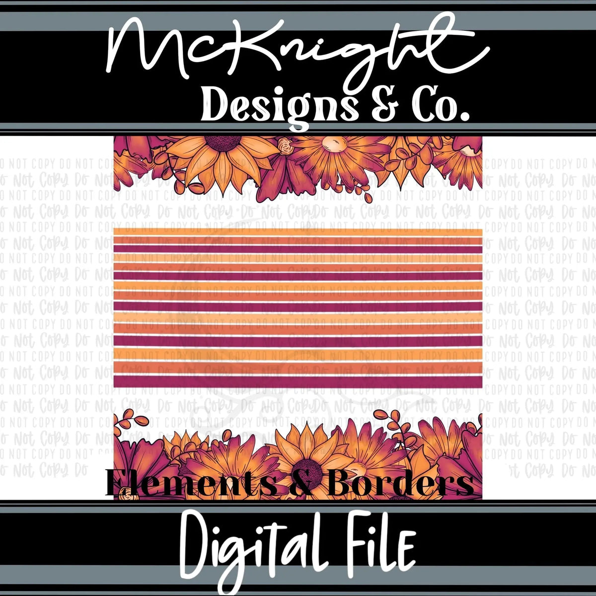 Red Sunflower Borders & Stripes Element Sheet PNG with hand-drawn floral patterns for printed vinyl, UVDTF & sublimation on tumblers & crafts