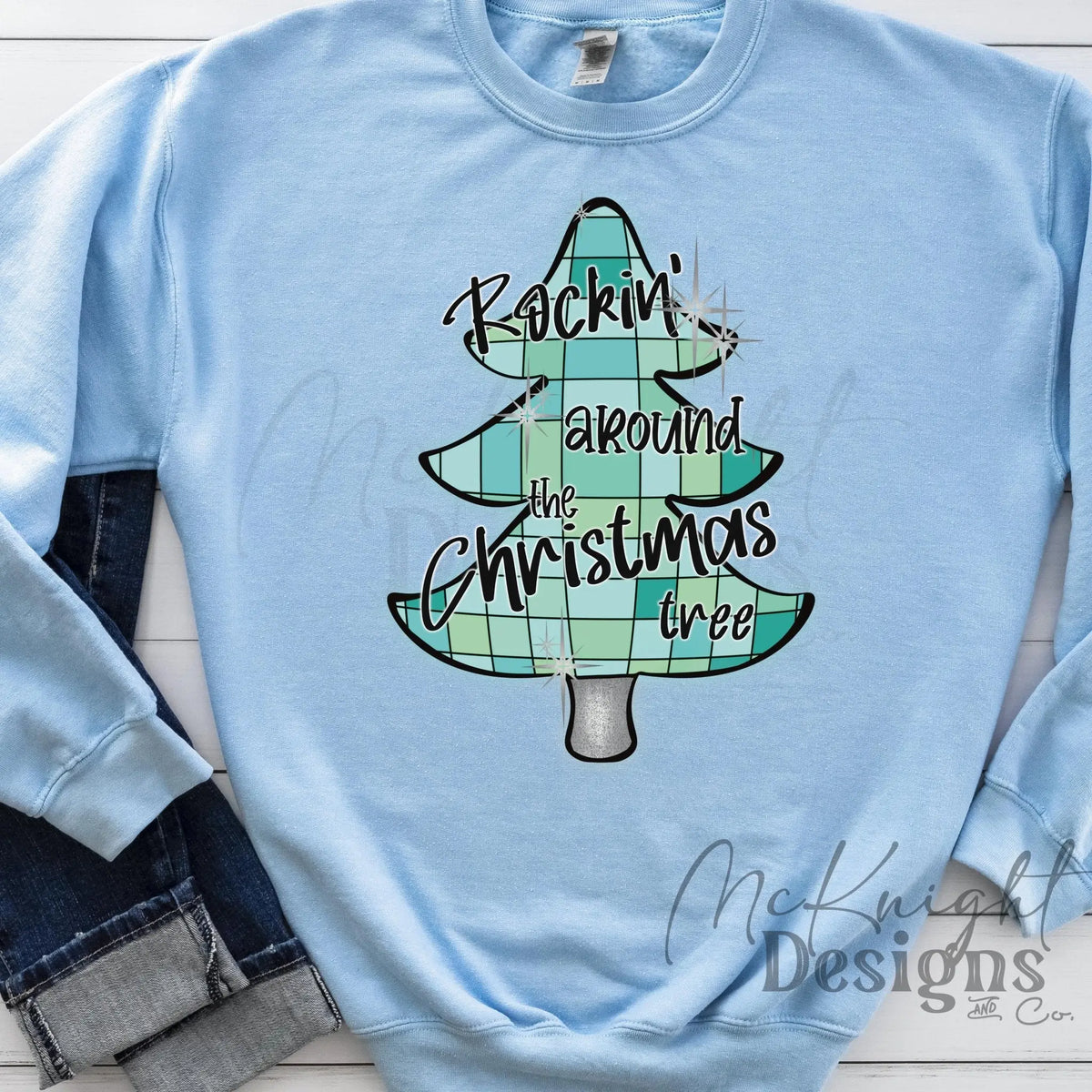 Rockin’ Around the Christmas Tree PNG with disco pine tree and stars – retro holiday design for sublimation, DTF, and UVDTF prints