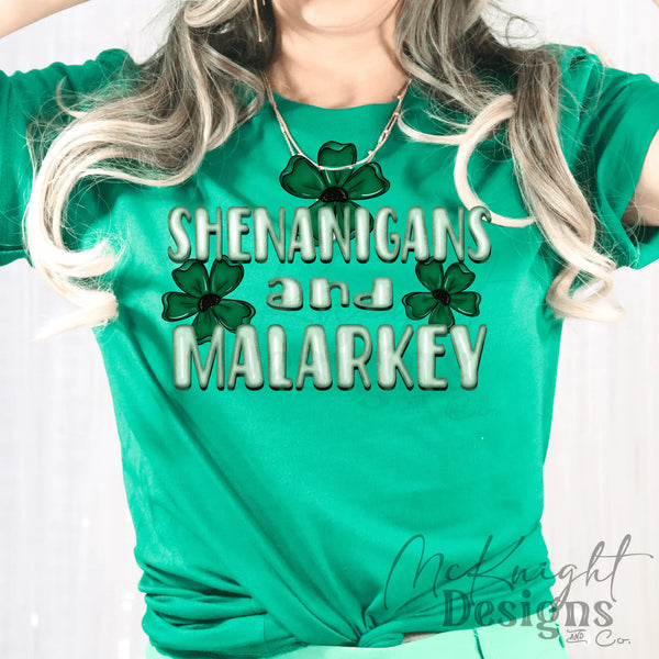 Shenanigans and Malarkey PNG – funny St. Patrick’s Day shamrock digital design for sublimation, DTF, and UVDTF