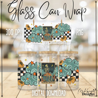 Skeleton Tarot Emotional Dumpster Fire digital PNG wrap with checker print, flowers & stars for 16 oz glass cans, sublimation & UVDTF printing