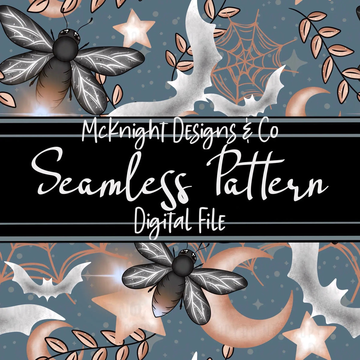 Spooky Fireflies Seamless Pattern – Hand-drawn Halloween night digital design with fireflies, bats, spiderwebs & moons for sublimation & vinyl