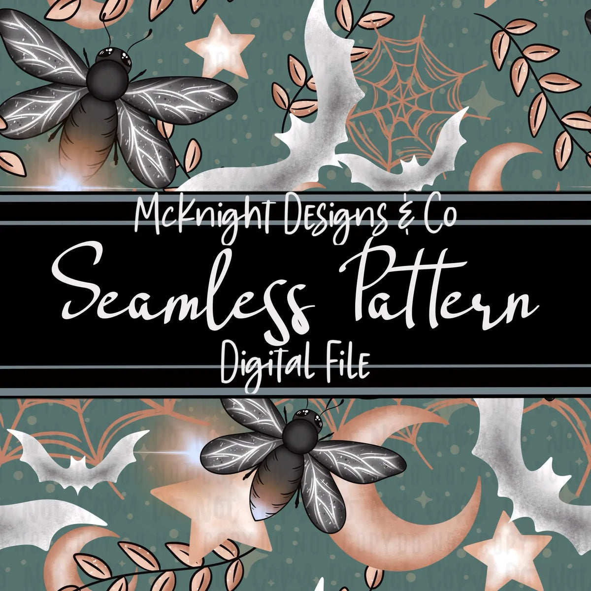 Spooky Fireflies Seamless Pattern – Hand-drawn Halloween night digital design with fireflies, bats, spiderwebs & moons for sublimation & vinyl