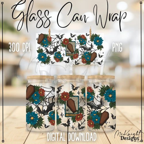 Spooky Floral Tarot Death Card digital PNG wrap for 16 oz glass cans, sublimation & UVDTF printing