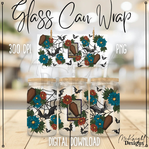 Spooky Floral Tarot Death Card digital PNG wrap for 16 oz glass cans, sublimation & UVDTF printing