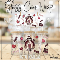 "You Make Me Melt" Valentine's Day digital PNG wrap with candy, shake & hearts for 16 oz glass cans, sublimation & UVDTF printing