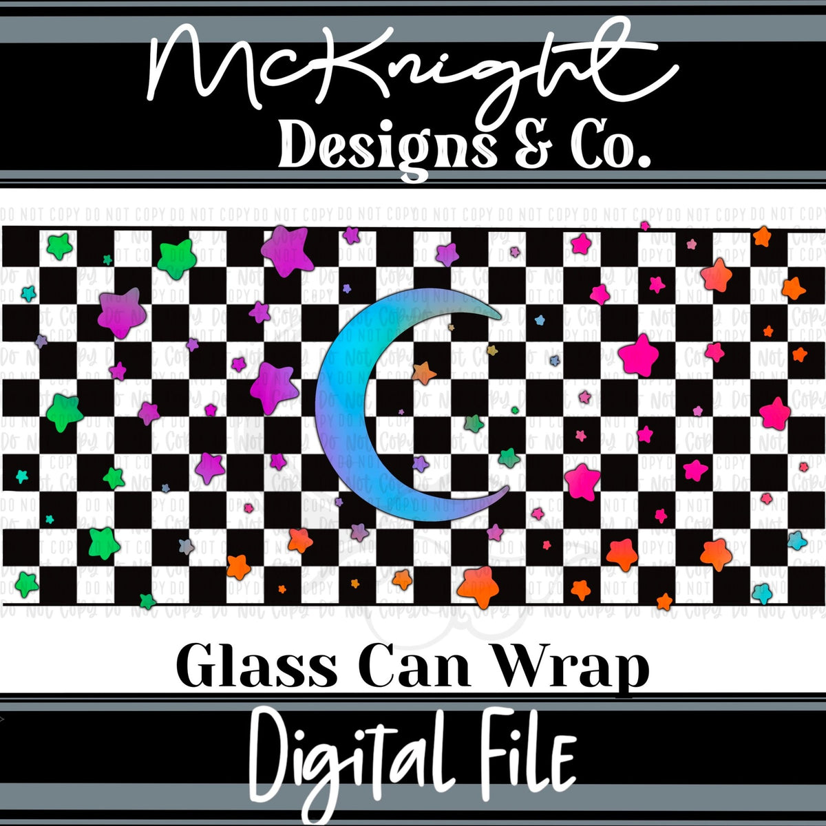 Can Wrap Digital Design - Checkered Moon & Stars - McKnight Designs & Co