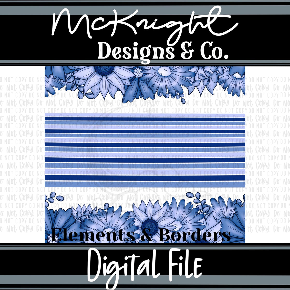 Elements & Borders - Floral Borders and Stripes - Blues - McKnight Designs & Co