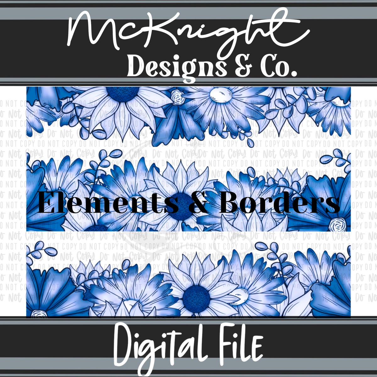 Elements & Borders - Floral Borders and Stripes - Blues - McKnight Designs & Co