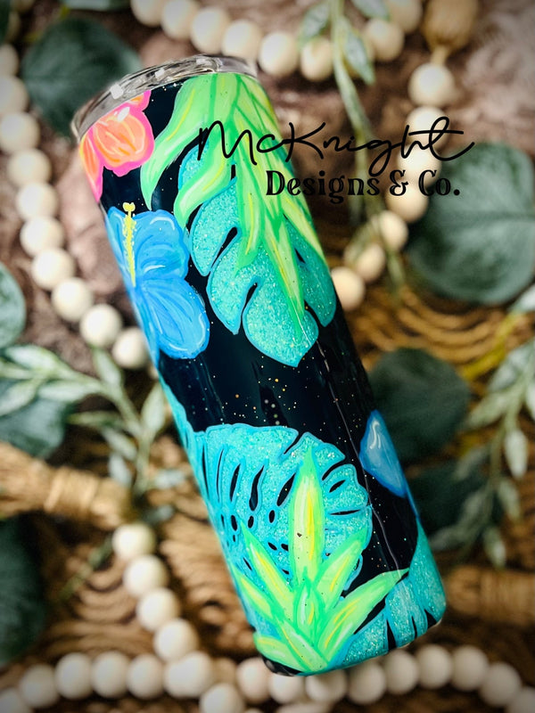 Hand Painted 20 oz Stainless Steel Tumbler - Glitter Peek a Boo - Neon Tropical Florals with Monstera Leaves - McKnight Designs & Co