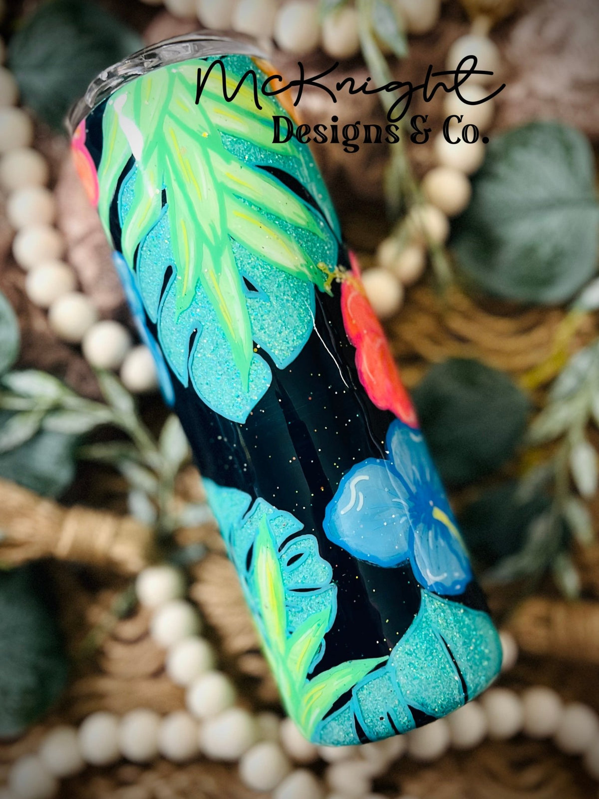 Hand Painted 20 oz Stainless Steel Tumbler - Glitter Peek a Boo - Neon Tropical Florals with Monstera Leaves - McKnight Designs & Co