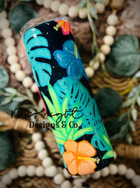 Hand Painted 20 oz Stainless Steel Tumbler - Glitter Peek a Boo - Neon Tropical Florals with Monstera Leaves - McKnight Designs & Co