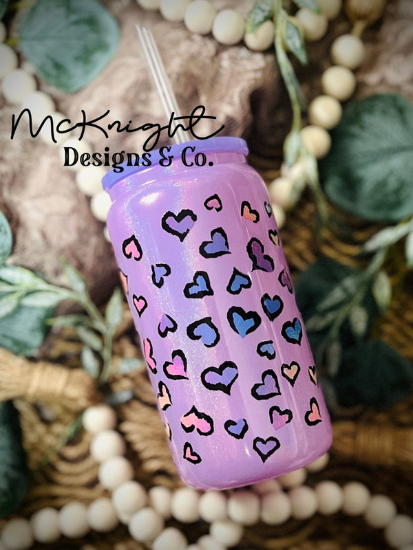 RTS Glass Can - Iridescent Purple - Pastel Rainbow Heart Leopard Print - McKnight Designs & Co