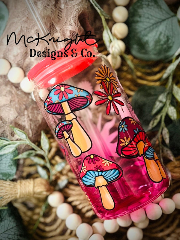 RTS Glass Can - Ombre - Dark Pink - Stay Trippy - Mushies & Florals - McKnight Designs & Co