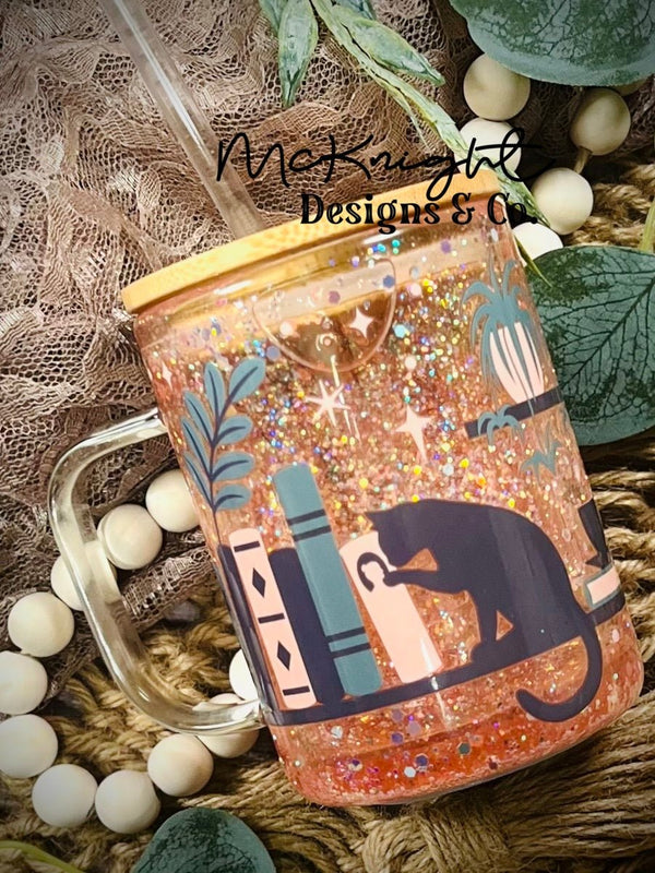 RTS Glass Mug Snow Globe - Glitter - Peach - Bookshelf, Cat & Plants - McKnight Designs & Co