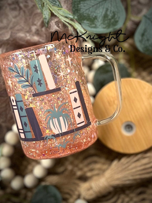 RTS Glass Mug Snow Globe - Glitter - Peach - Bookshelf, Cat & Plants - McKnight Designs & Co