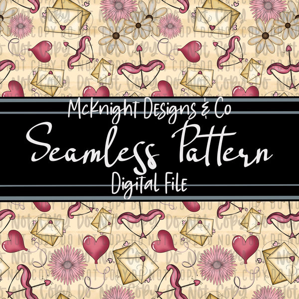 Seamless Pattern Digital Design - Cupid & Love Letters - Ivory - McKnight Designs & Co