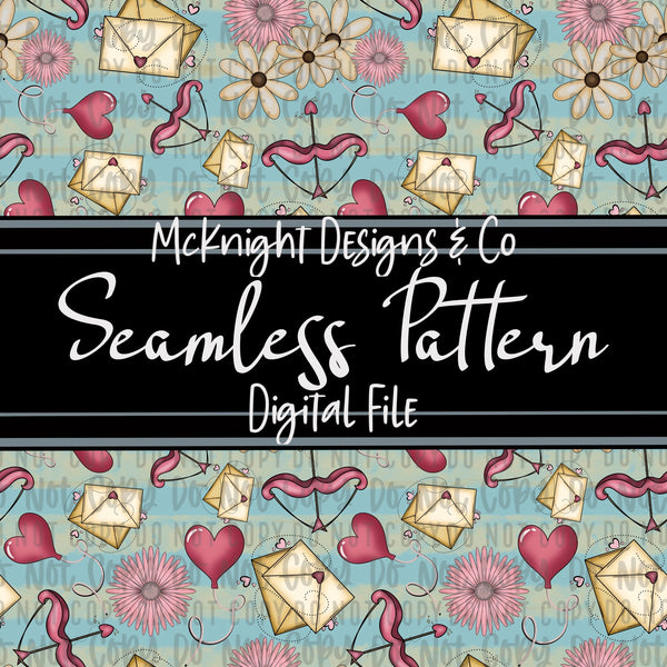 Seamless Pattern Digital Design - Cupid & Love Letters - Lt Blue - McKnight Designs & Co