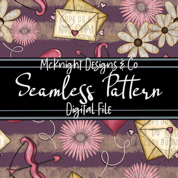 Seamless Pattern Digital Design - Cupid & Love Letters - Plum - McKnight Designs & Co